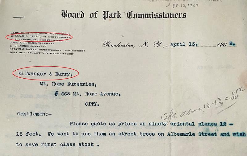 A 1909 purchase request from the City of Rochester Parks Commission to Ellwanger and Barry, demonstrating the conflict of interests inherent in the roles of men like William C. Barry. ELLWANGER AND BARRY PAPERS, RARE BOOKS, SPECIAL COLLECTIONS AND PRESERVATION, UNIVERSITY OF ROCHESTER