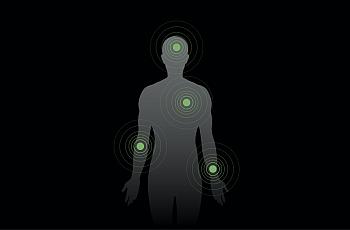 Illustration of human body with green points at head, heart, wrist, and elbow