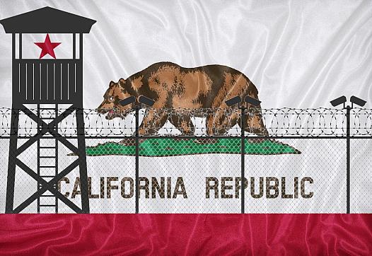Graphic showing California flag behind the prison fence
