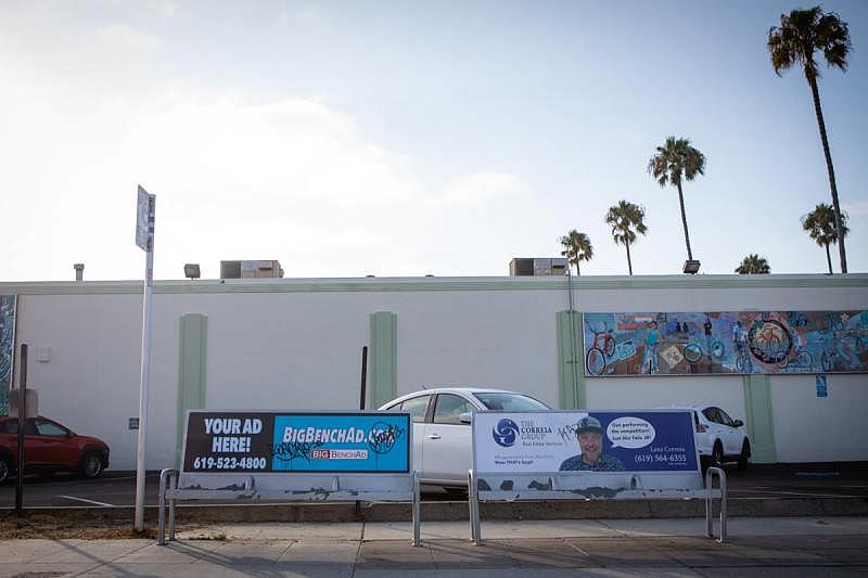 A bus stop in Ocean Beach is shown on Aug. 24, 2022. Anastasia found her son sleeping on this bench after he had been missing for about a month and a half. (Zoë Meyers/inewsource)