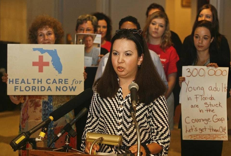 Isabel Betancourt speaks at the Capitol in Tallahassee on April 15, 2015. Betancourt, a resident of Hialeah with rheumatoid arthritis, began paying for her health plan out of pocket after five months of being uninsured because she falls into the Medicaid coverage gap. (Phil Sears/Special to the Herald)  