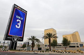  marquee outside Allegiant Stadium, home of the Las Vegas Raiders, displays a show of support for Buffalo Bills player Damar Hamlin.