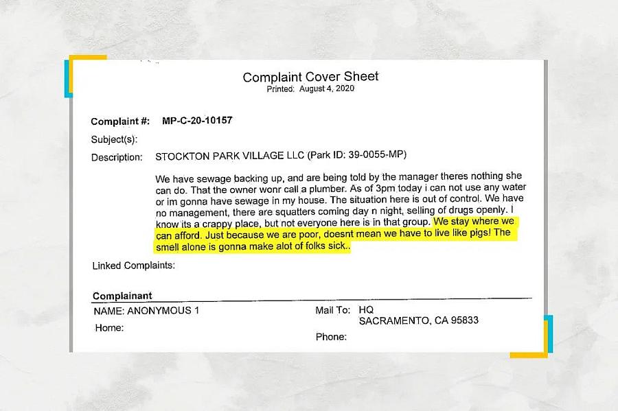 Image of complaint cover sheet in which a sentence describing living conditions is highlighted.