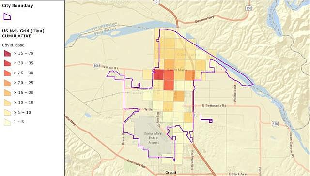 This map shared with the Santa Maria City Council in July 2020 outlines which square-mile areas in the city had the highest concentration of COVID-19 cases. The majority of cases were identified north of Betteravia and west of Broadway, with lower incidents of cases found south of Betteravia. (Source: Santa Barbara County Public Health Department)