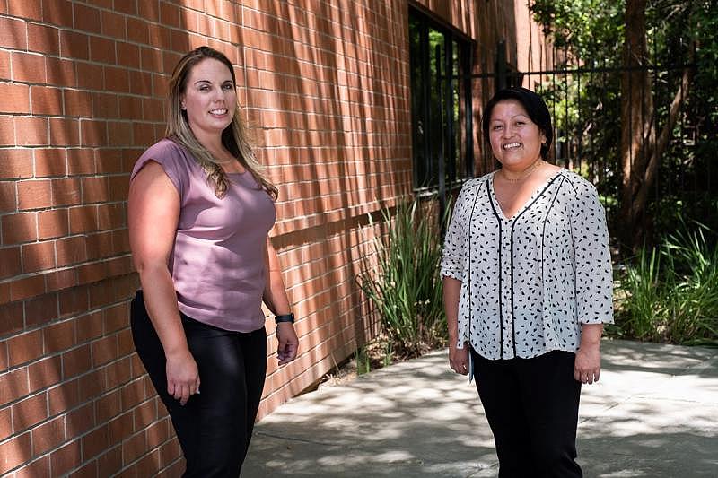 Detective Nicole Monroe and WEAVE Advocate Jessica Garcia at the Elk Grove Police Department. Andrew Nixon / CapRadio