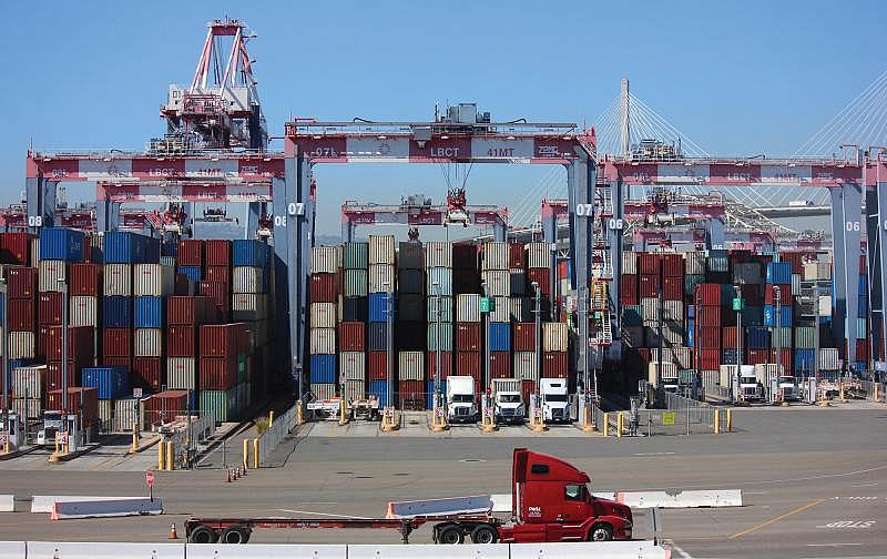 Trucks drop off and pick up containers at the Long Beach Container Terminal on the Port of Long Beach’s Pier E Thursday, Oct. 14, 2021. Photo by Brandon Richardson.