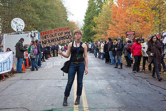 Protesters at a rally against the planned Kinder Morgan tar sands pipeline in British Columbia. 