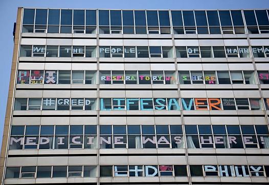 Hahnemann Hospital windows are decorated by employees as the hospital prepares to close. 