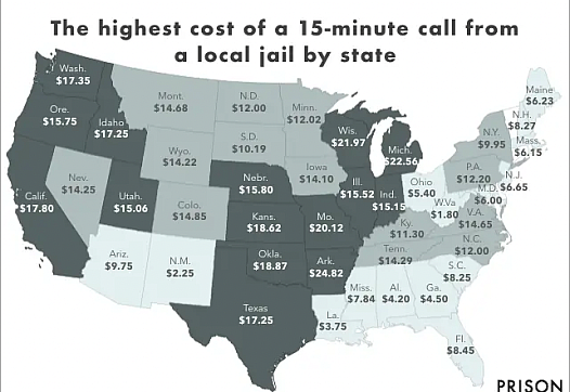 Map of the United States showing cost of 15 minute call from a local jail by states
