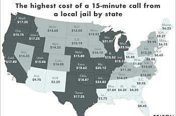 Map of the United States showing cost of 15 minute call from a local jail by states