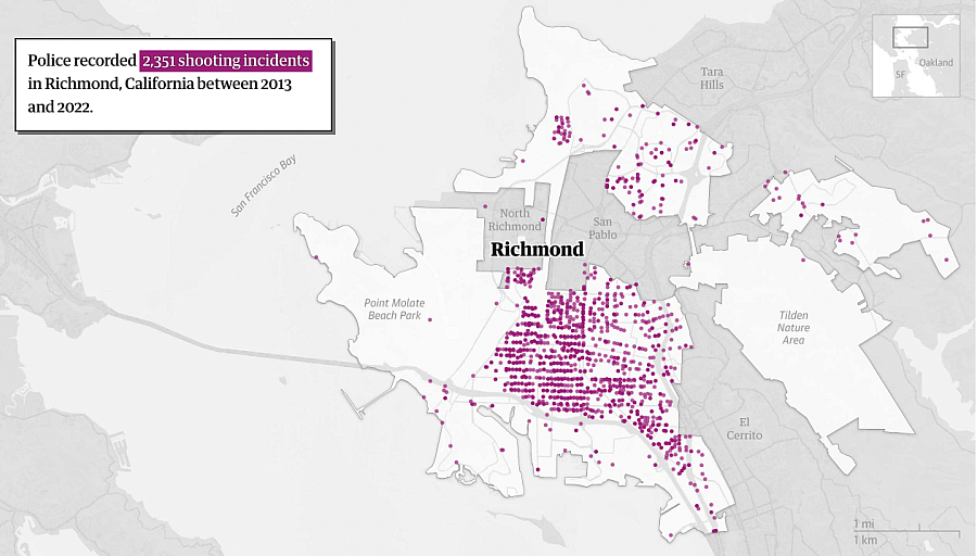 Plots on Map showing shooting incidents in Richmond between 2013 and 2022