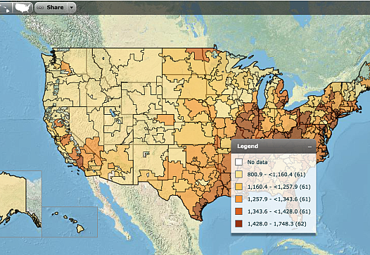 A map showing variation in hospital admissions per 1,000 decedents during the last six months of life. (Credit: Dartmouth Atlas)