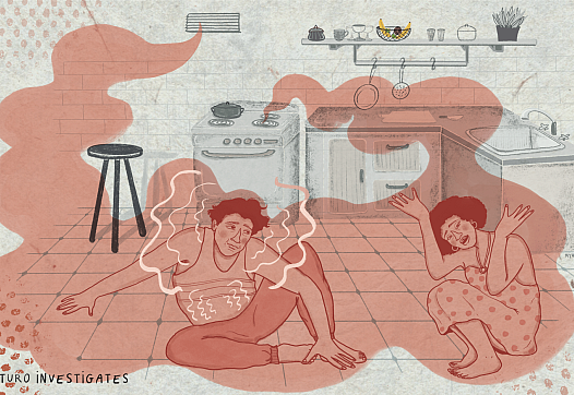 Illustration of Man and Woman suffocating in a kitchen